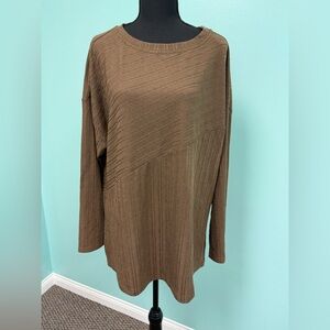 Melloday Women's 1X Long Sleeve Brown Contrast Knit Slit Crew Tunic Top